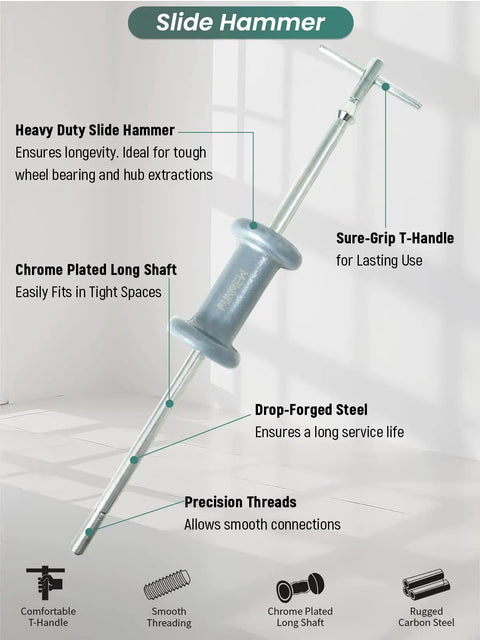 Heavy-duty slide hammer with sure-grip T-handle and chrome plated long shaft for tight spaces, featuring precision threads.