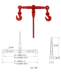 Heavy Duty Ratchet Chain Binder Set Three Eighths To One Half Inch With G70 Hooks, red binder with technical dimensions