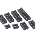 Assorted 66 Piece DIP IC Sockets 6 Pin to 28 Pin Flat for PCB Prototyping and DIY Electronics, displayed in rows
