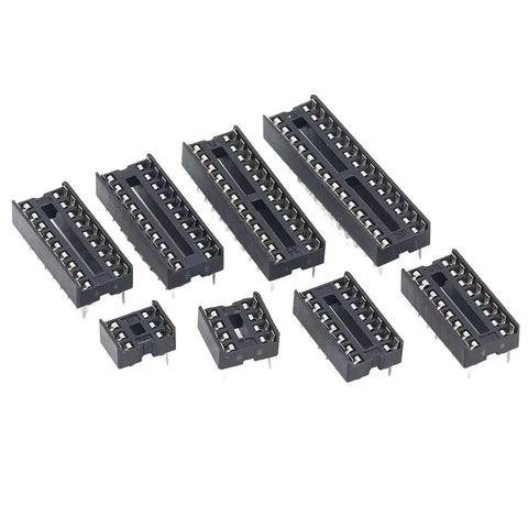 Assorted 66 Piece DIP IC Sockets 6 Pin to 28 Pin Flat for PCB Prototyping and DIY Electronics, displayed in rows