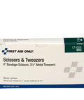 Front view of First Aid Only bandage scissors and tweezers set box; 4-inch scissors and 3.5-inch metal tweezers