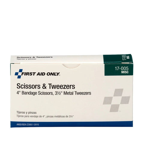 Front view of First Aid Only bandage scissors and tweezers set box; 4-inch scissors and 3.5-inch metal tweezers