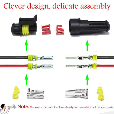 Waterproof 2 Pin 16 AWG Electrical Connector Kit For Car Truck Boat And Motorcycle Wiring Male And Female Plugs With 10cm Leads shown in parts