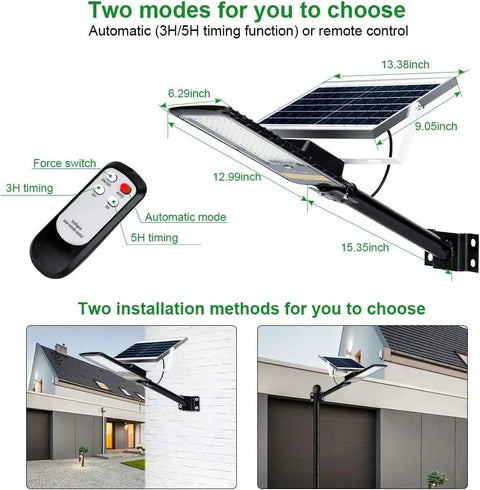 80W Solar Street Light Outdoor Flood Light With 84 LEDs 1600 Lumens 6500K IP67 showing remote and installation options
