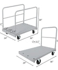 Beefed Up Heavy Duty 36x24 Inch Steel Panel Cart 2 In 1 Industrial Platform Truck With 2200 Lbs Capacity, side and front view with rails