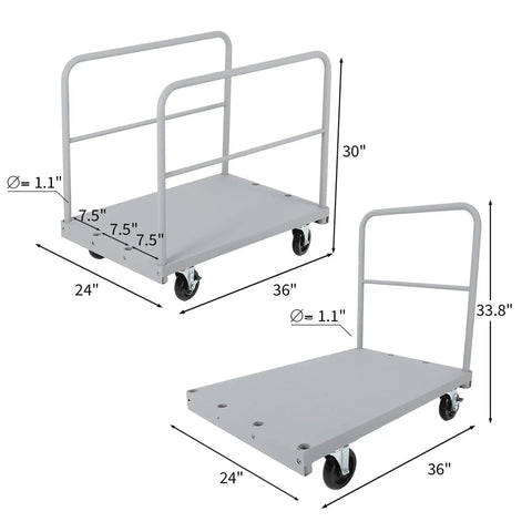 Beefed Up Heavy Duty 36x24 Inch Steel Panel Cart 2 In 1 Industrial Platform Truck With 2200 Lbs Capacity, side and front view with rails