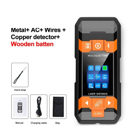 Heavy Duty Stud Finder And Laser Rangefinder With Hella Accurate Wall Scanner Detector For Locating Metal Pipes Ac Wires And Sleek Lcd Screens For Badass Diy Renovations, showing LCD control panel and accessories.