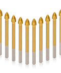 10-piece masonry drill bit set, titanium-coated, 1/4 inch shanks, gold tips with silver bodies