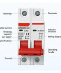 Kickass Pro 2 Pole Dc Mini Circuit Breaker 1000V Solar Pv Panel Shield with specifications and terminals view.