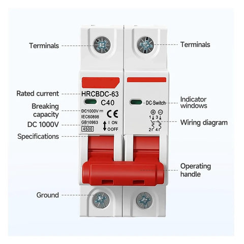Kickass Pro 2 Pole Dc Mini Circuit Breaker 1000V Solar Pv Panel Shield with specifications and terminals view.