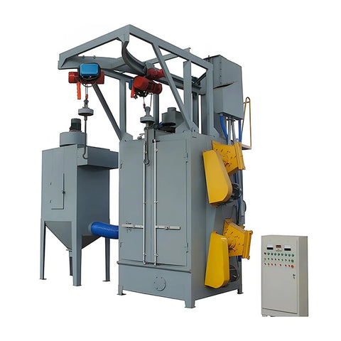 Hook Type Shot Blasting Machine for Metal Components and Instrument Frames and Equipment Casings in Fabrication Facilities, Heavy Duty Finishing Equipment with Easy Maintenance, Custom Accessories, and Shop Ready Precision Surface Prep, front view