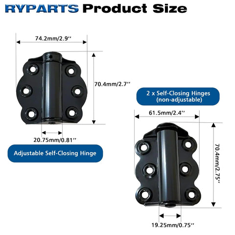 Tough As Nails Black Self Closing Screen Door Hinge Set 2-3/4 Spring Steel Hinges, adjustable and fixed sizes shown.