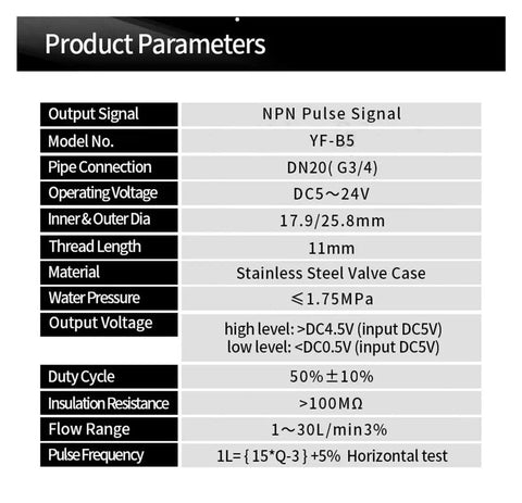 Product parameters for Three Quarter Inch Stainless Steel Water Flow Sensor Flowmeter Turbine Meter With 1.75 MPa Rating DC 3.5 To 24V NPN Hall Output Built To Last For Liquids Gases And Steam In Industrial Systems, including NPN pulse signal, model YF-B5, pipe connection DN20/G3/4, operating voltage DC5~24V, material stainless steel valve case.