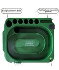 Top view of Electric Tee Up Golf Ball Dispenser with Dual Mode, ball and phone placement areas, six club holder visible.