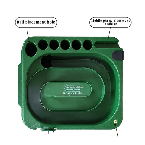 Top view of Electric Tee Up Golf Ball Dispenser with Dual Mode, ball and phone placement areas, six club holder visible.