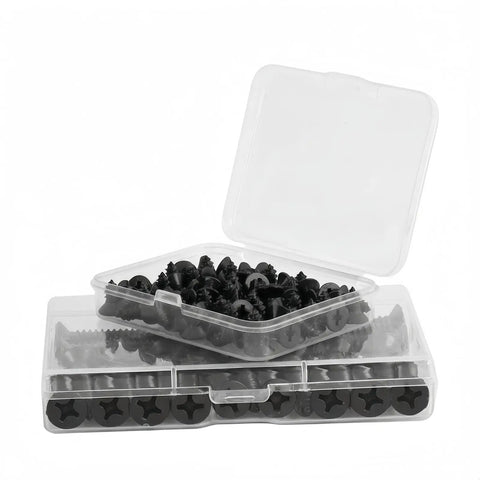 Pro Grade 304 Stainless Steel Self Tapping Screws For Wood And Sheet Metal 100 Pack in clear storage box.