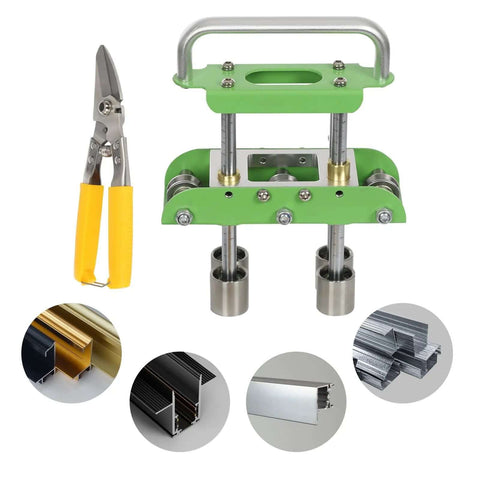 Pro Grade Green V Shaped Hand Sheet Metal Bender With Edge Bead Roller and scale displayed with cutting tool and sample metal bends.
