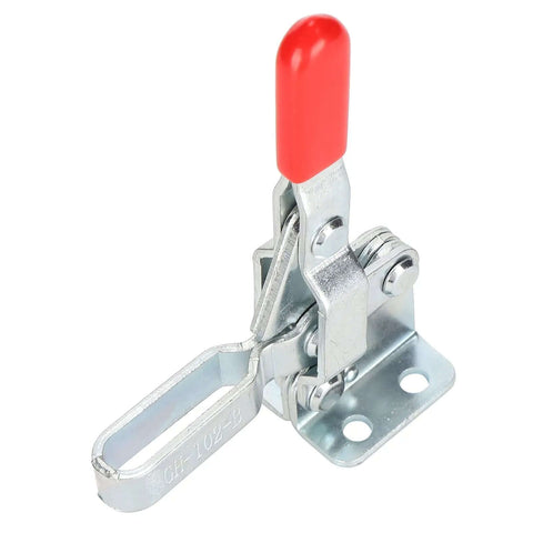 Toggle Clamp With Quick Positioning Fixture And Plastic Handle For Metal Plates And Circuit Boards, side view with red handle