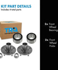 Two Piece Front Wheel Bearing And Hub Kit For 2002 2003 Toyota Camry And 2001 2005 RAV4 Direct Fit Durable Replacement With Included Bearings And Hubs shown with parts and box.