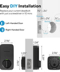 Installation guide for Game Changing Nfc Wifi Smart Lock With Apple Home Key And Android Tap To Unlock, showing dimensions and door compatibility.