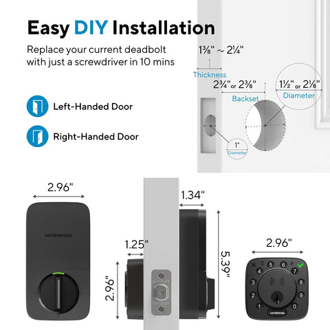 Installation guide for Game Changing Nfc Wifi Smart Lock With Apple Home Key And Android Tap To Unlock, showing dimensions and door compatibility.