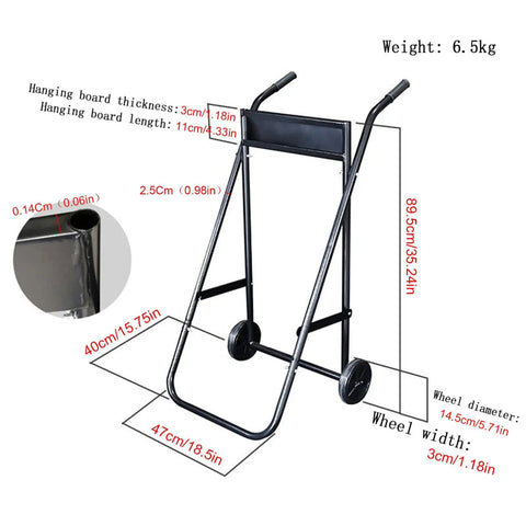 Heavy Duty Outboard Motor Stand Carrier Dolly for Boats and Inflatable Yachts with measurements, steel frame, pine board