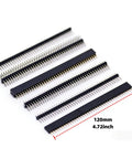 138 Piece 2.54mm Pin Header Kit With Male And Female Connectors, showing long black 40-pin breakaway headers, 120mm length.
