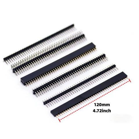 138 Piece 2.54mm Pin Header Kit With Male And Female Connectors, showing long black 40-pin breakaway headers, 120mm length.