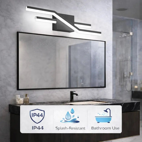 Ultra Bright Dimmable LED Vanity Light Fixture In Modern Chrome Over Mirror, Three Spotlights Included, in bathroom setup
