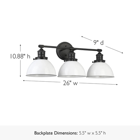 Savannah Rustic Farmhouse Three Light Vanity Light Dimmable Matte Black Finish With White Metal Shades dimensions view