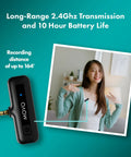 Wireless Lavalier Microphone System For Cameras Clip On Lapel Mic And 2.4GHz Transmitter shown with user setup