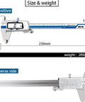 0.01mm Digital Caliper 150mm 6 Inch Stainless Steel shown from front with size and weight details displayed.