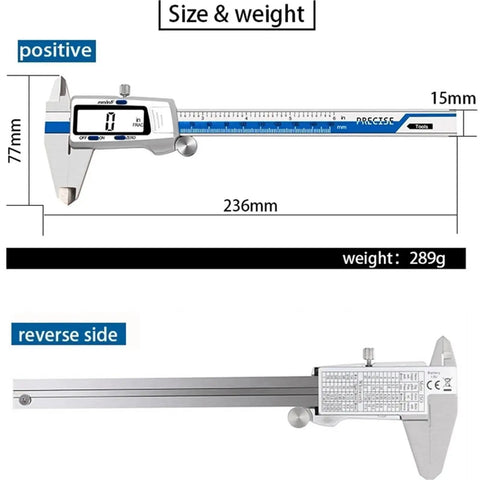 0.01mm Digital Caliper 150mm 6 Inch Stainless Steel shown from front with size and weight details displayed.