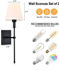 Slim Wall Sconce Set Of 2 With White Fabric Shades In Black Finish, Vintage Column Arm Design, Recommended Bulbs Shown