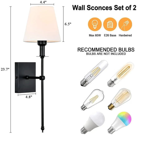 Slim Wall Sconce Set Of 2 With White Fabric Shades In Black Finish, Vintage Column Arm Design, Recommended Bulbs Shown
