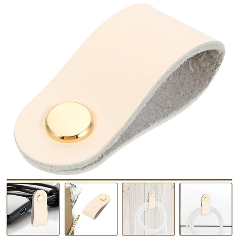 Slick Double Pack PU Leather Cord Organizer Ties For Reusable USB Charger Straps And Earphone Holders, beige strap with gold snap.