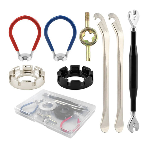 Eight Piece Bike Spoke Wrench Tool Kit For Rim Truing And Tire Levers With Storage Box Pro Grade All In One Wheel Repair Set