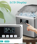 Smooth Operator Home Bar Ice Cube Maker With A Transparent Cover And Brushed Metal Frame, showing LCD controls and ice cubes.