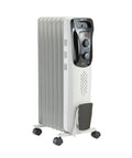 Front view of Amazon Basics portable oil-filled radiator heater in white with black control panel and caster wheels