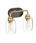 Two Light Sleek Industrial Black And Gold Vanity Light Fixture Over Mirror With Clear Glass Shades Dimmable With E26 US Socket Suitable For LED Incandescent Energy Efficient Bathroom Vanity Lighting 13 X 6.3 X 10.63 Inches.