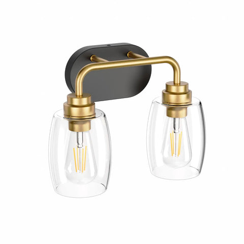 Two Light Sleek Industrial Black And Gold Vanity Light Fixture Over Mirror With Clear Glass Shades Dimmable With E26 US Socket Suitable For LED Incandescent Energy Efficient Bathroom Vanity Lighting 13 X 6.3 X 10.63 Inches.