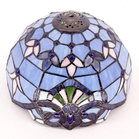 Blue Purple Tiffany Style Stained Glass Table Lamp 12x12x18 Inch Lavender Hue Baroque Artwork Antique Green Bronze Base S003C Series