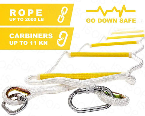 2 Story 16Ft Fire Escape Ladder With Flame Resistant Safety Rope, Grab And Go Deploy shown with carabiners and ladder rungs