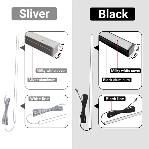 Wood Slat Wall Panel LED Recessed Lighting Kit With 6 Pcs DC12V adhesive lights showing silver and black options with covers and lines.