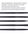 Watch Cleaning Brush Set With Storage Box 5 Piece Soft Bristle Gear lined up with text highlighting usage features