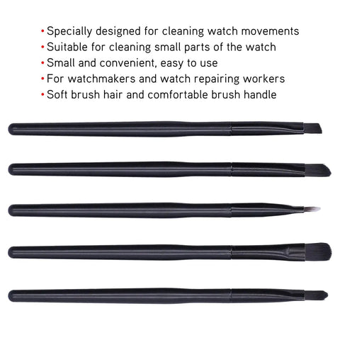 Watch Cleaning Brush Set With Storage Box 5 Piece Soft Bristle Gear lined up with text highlighting usage features