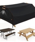 All Weather 6 Ft Picnic Table Cover With Waterproof 420D Oxford Cloth Heavy Duty Windproof UV Protection Adjustable Straps and Air Vent Fits 70 And 72 Inch Outdoor Tables Black, shown covering a wooden picnic table with additional table and bench options.