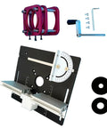 Prime Time Aluminum Router Lift System With Insert Plate For 65Mm Motors, includes black plate and red clamps.