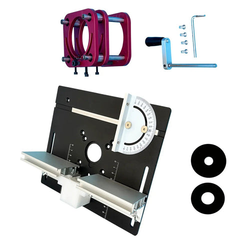 Prime Time Aluminum Router Lift System With Insert Plate For 65Mm Motors, includes black plate and red clamps.