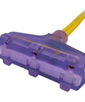 Close-up of the purple triple 5-15R receptacles on the Heavy Duty 50 Foot Flat Generator Extension Cord Adapter with yellow wire.